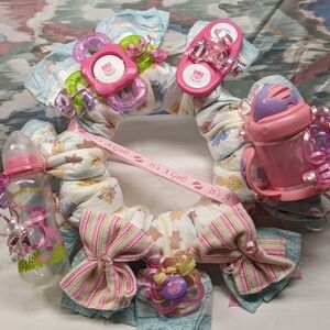 New Handmade “It’s a Girl” Diaper Wreath Gift Set – Pink Baby Shower Decoration
